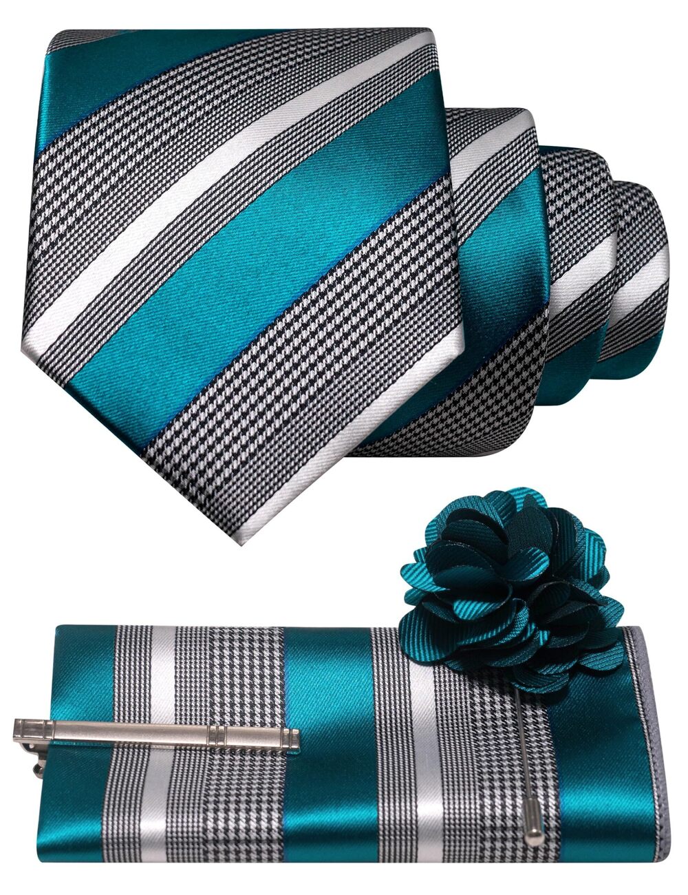 3817 Teal Striped Tie and Lapel Pin Necktie Pocket Square and Tie Clip Sets